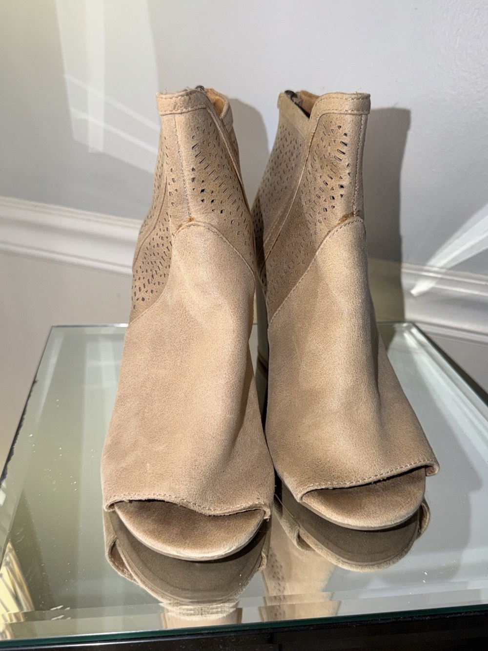 Women’s Peep-Toe Suede Ankle Booties in Beige